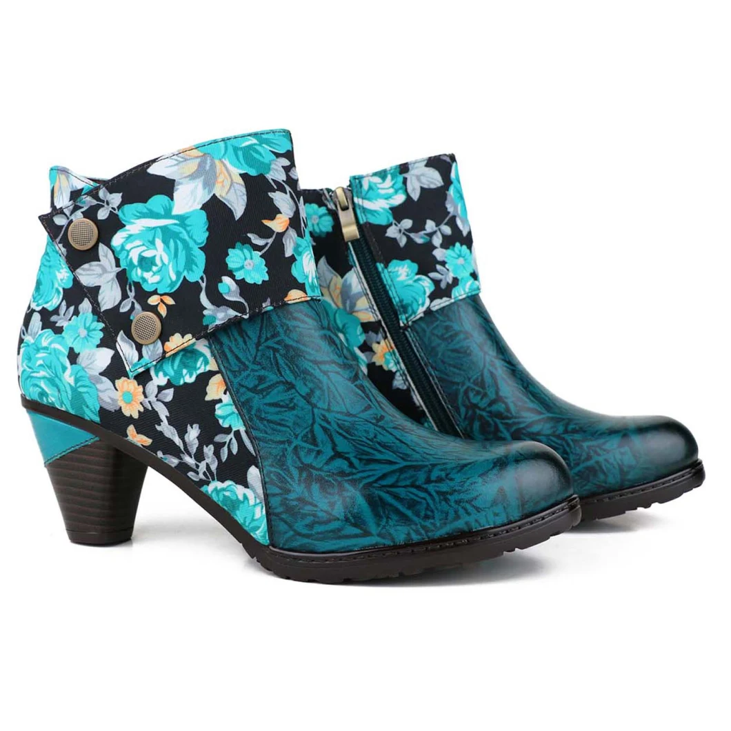 Embossed Genuine Leather Splicing Flower Pattern Handmade High Heel Boots