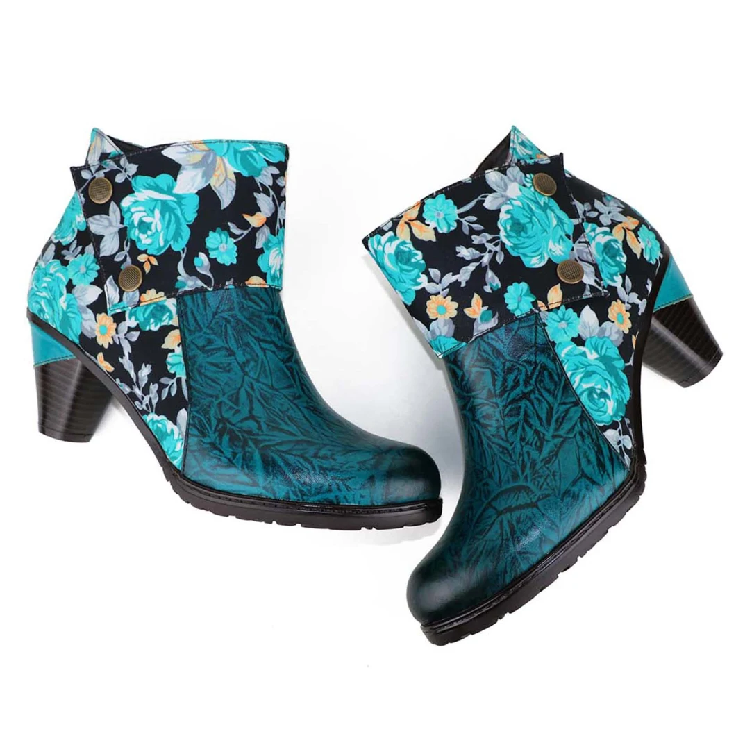 Bohemian Fashion Flower Embossed Shoes Women Retro Ankle Boots