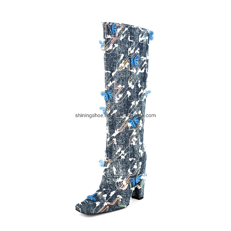 Summer Denim Fabric Over Knee Long Women Boots