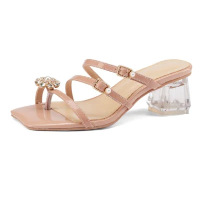 Women Strappy Open Toe Low Block Clear Heels Sandal