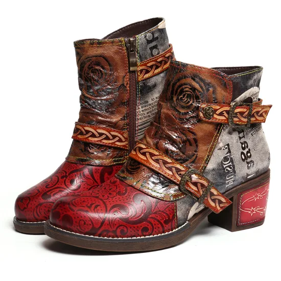 High-End Retro Style Women Boots Floral Pattern Leather Dress Boots